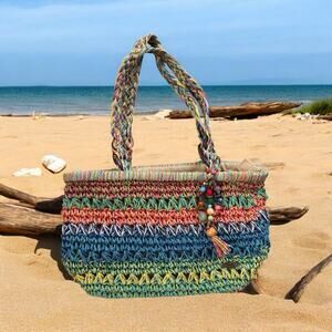 Cappelli Straworld Woven Rafia Beaded Shouder Bag Colorful Boho Beach Summer